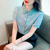 法式复古蕾丝蓝色衬衫，女夏季韩系chic别致上衣港味高级感短袖小衫