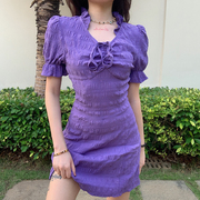 怪诞女孩法式紫色复古连衣裙个性，绑带洋气短裙女灯笼袖心机裙子