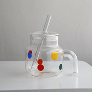 可爱耐热玻璃杯彩色波点透明咖啡杯，冷水壶带把手家用喝水杯牛奶杯