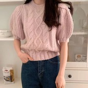 韩国chic甜美糖果色圆领菱形麻花纹设计宽松休闲泡泡袖针织衫毛衣