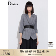 IDPAN女装时尚撞色西装领设计灰色七分袖短款外套