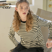 cococasa2024春装欧洲站长袖条纹，t恤女设计感时尚纯棉欧货潮