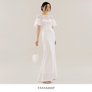 tansshop仙气白色蕾丝拼接长裙，网纱袖子褶皱，高腰圆领鱼尾礼服裙