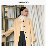 vgrass单排扣翻领，大衣冬季浅色系毛呢外套
