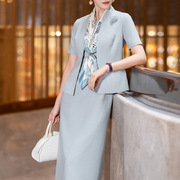 浅蓝色连衣裙女夏季2024时尚气质，高级感职业套装裙西装两件套