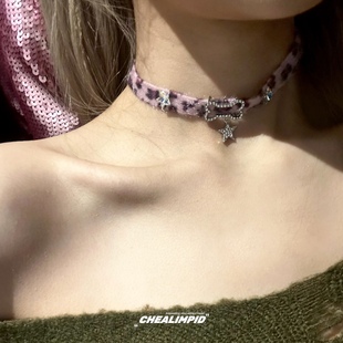 choker/.紫色毛绒豹纹星星y2k亚文化项圈小众设计辣妹甜酷项链女