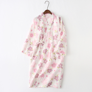 春夏全棉纱布和服睡袍长袖，棉麻睡裙女日式花朵和风汗蒸服浴衣浴袍