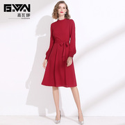 秋季女装2024红色连衣裙显瘦系带，收腰长袖雪纺，裙气质中长款