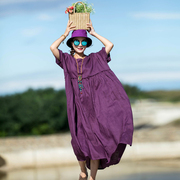 紫藤小素原创设计夏纯色宽松亚麻连衣裙，宽松圆领文艺旅行袍子cc