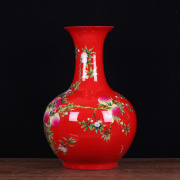 景德镇陶瓷花瓶 中国红釉上彩寿桃赏瓶 新房喜庆陶瓷工艺品摆件
