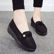 夏季老北京布鞋松糕厚底单鞋，中跟坡跟黑色工作鞋，透气网鞋豆豆女鞋