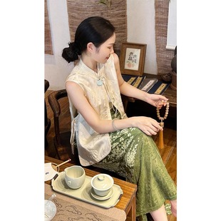 新中式女装轻国风上衣盘扣马甲，禅意老钱风绿色，两件套装半身裙夏季