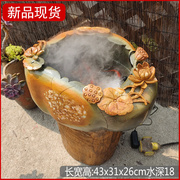 中式荷花艺术石雕流水鱼缸居家端砚石材桌台面水景池工艺摆件
