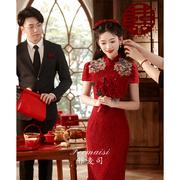 新中式旗袍敬酒服新娘酒，红蕾丝订婚礼服出阁宴，端庄优雅结婚连衣裙