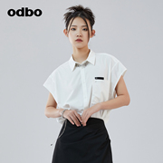 odbo520主题后背，印花短袖白色衬衫女夏季2022年中长款上衣潮