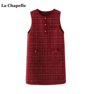 拉夏贝尔lachapelle小香风红色连衣裙，女2024春季无袖背心裙