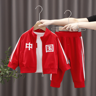 儿童春秋三件套洋气中国红色，男童运动套装女童装，宝宝国潮风表演服