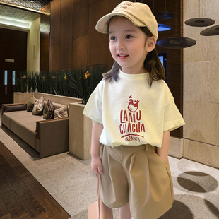 女童短袖t恤韩版2022夏装宝宝洋气，休闲上衣儿童卡通打底衫薄