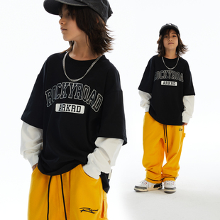rockyroad童装美式纯棉长袖套头，拼接黑色假两件t恤嘻哈街舞演出服