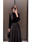 gg。欧洲站2024今年流行漂亮黑色丝绒套装穿搭名媛小香风半身裙两