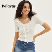 Palavas平行假日 雨彤法式针织衫白色蕾丝短袖上衣女简约百搭打底