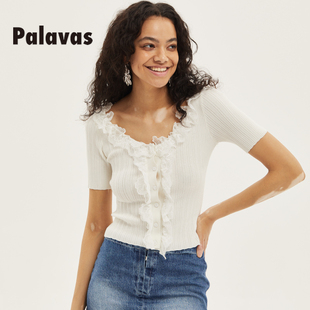 Palavas夏季纯白色蕾丝短袖上衣女修身型显瘦简约百搭打底衫