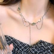 青绿色爱心拼接项链，女ins轻奢小众，设计珍珠毛衣链2022年潮