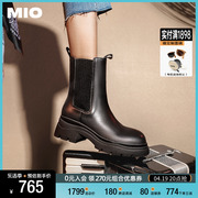 MIO米奥2023年冬季靴子圆头中筒复古厚底黑色切尔西靴潮流女