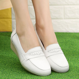 白色真皮护士鞋春秋季单鞋女鞋坡跟圆头中跟防滑工作鞋浅口