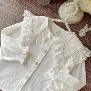 女童白色法式蕾丝花边衬衫纯棉，洋气小孩衬衣，2024春装宝宝上衣