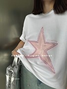 正版品卓娃zw春夏款韩版中长款五角星，刺绣t恤慵懒风蝙蝠袖短袖女