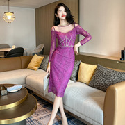 法式设计感紫色长袖连衣裙女秋修身显瘦名媛气质短裙子