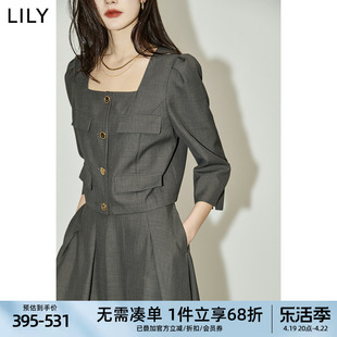 lily2024夏女装(夏女装)复古小香风休闲设计感都市通勤款泡泡袖短外套