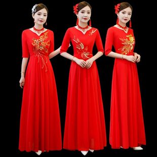 大红色合唱服演出服长裙，女2022合唱队舞台，指挥服主持人礼服
