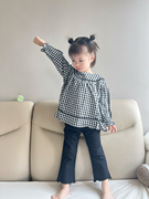duoduomiya女童春秋，韩版中小童黑白格子圆领衬衫，泡泡袖长袖上衣