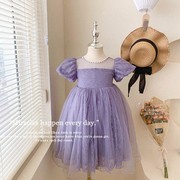 女童蕾丝连衣裙2023夏季高级感网纱泡泡袖紫色，公主裙儿童礼服
