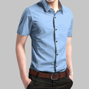 蓝色撞色领衬衫衣服男短袖纯棉外穿村衫寸上铁按扣韩式衬衣半截袖
