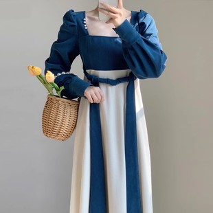 新中式国风汉服改良蓝色长袖连衣裙女2023秋季法式灯芯绒裙子