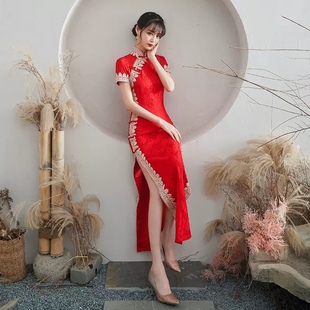 宽边红色蕾丝旗袍2022修身气质日常改良长款连衣裙旗袍