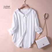 日系气质高端宽领七分袖白色衬衫春秋纯棉女装衬衣上衣开衫