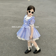 2024春夏女童泡泡短袖连衣裙儿童，小女孩蓝色格纹娃娃领公主裙