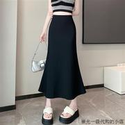 韩国2024春季黑色西装半身裙女高级感荷叶边鱼尾裙高腰包臀裙