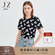 JZ玖姿大象印花短袖T恤女2022夏季时尚圆领幸运四叶草单上衣