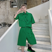 夏季网红绿色工装单排扣短袖衬衫男套装休闲设计感短裤两件套潮流