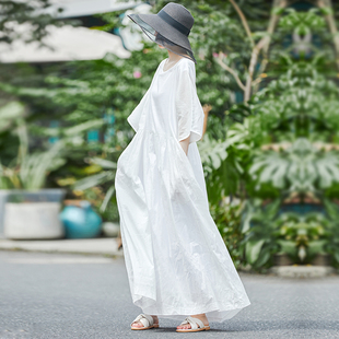 私人订制款原创袍子，白色苎麻连衣裙女高端中长款大码纯色显瘦春夏