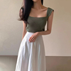 韩国chic法式高级感方领针织衫上衣+高腰休闲半身裙长裙女两件套