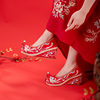 婚鞋女内增高坡跟珍珠流苏翘头履古风汉服鞋子中式红色新娘秀禾鞋