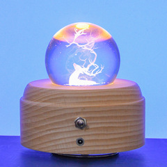 创意木质八音盒发光底座木制工艺品摆件实木发光水晶球旋转音乐盒