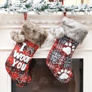 铭冠耶诞节装饰品耶诞狗爪袜宠物袜毛领格子英文袜耶诞树挂件