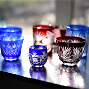 出口日本手作玻璃切子彩色，雕花无铅酒杯馈赠佳品，日式清酒果汁水杯